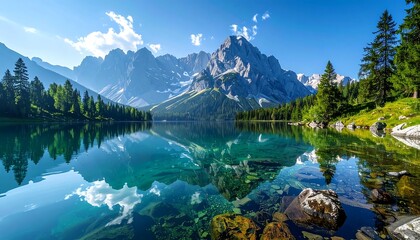 Serene alpine lake reflecting mountains