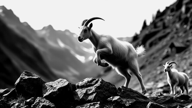 Mountain goats climbing rocky terrain in a remote landscape - Powered by Adobe
