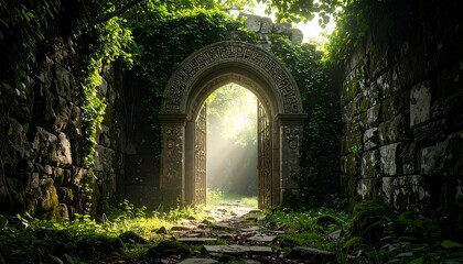 Walking Through Stone Archway to Forest Sunlight