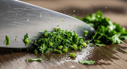 Chopping Fresh Herbs With A Sharp Knife On A Wooden Cutting Board