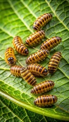 Fototapeta premium A group of bee larvae crawling on a leaf