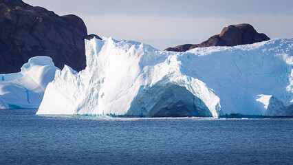 Beautiful Icebergs in the North Atlantic on the approach to Prins Christian Sund, Greenland, August...