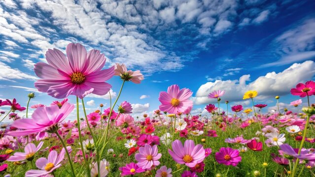 Field of colorful cosmos flowers under a clear blue sky with fluffy white clouds and gentle breeze