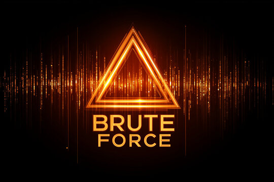 Glowing orange warning triangle with brute force text and vertical digital lines, symbolizing password attack and system breach