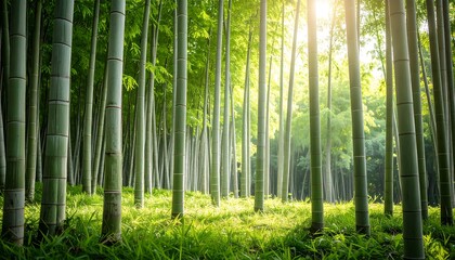 Walking Through Tall Bamboo Forest with Sunlight Filtering Through the Trees