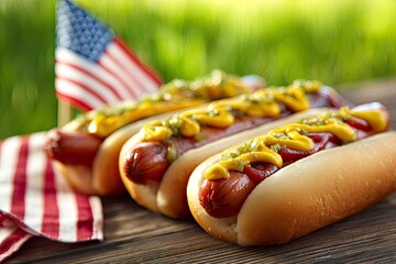 Delicious hot dogs with mustard and an american flag background