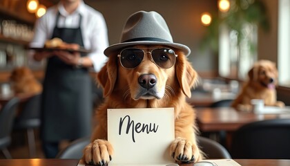 Golden Retriever dog wearing fedora hat, sunglasses holds restaurant menu. Cute pet sits at table, looking hungry, ready to order food. Waiter in background serves another table. Funny animal at