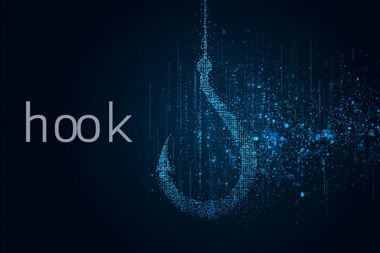 Cybersecurity Hook Made of Binary Code on Dark Background, symbolizing phishing and cyber threats