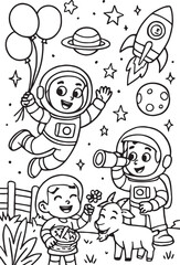 Fototapeta premium A fun vector cartoon set of children in the snow and around the world, perfect for a children's coloring book or funny fairy tale illustration
