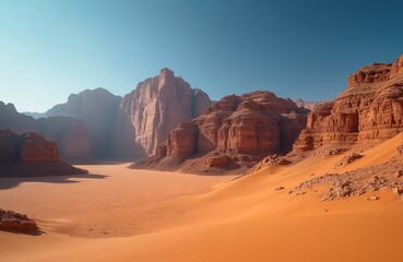 Fototapeta premium Explore Wadi Rum desert, Jordan, with orange sand dunes, rocky sandstone mountains under clear blue sky. Arid Middle Eastern landscape offers adventure, natural beauty, perfect destination for tours,