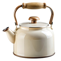  White and brown tea kettle with a brown handle  isolated on white background ,PNG. AI Generated