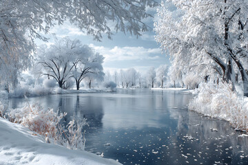 Discover the Tranquil Beauy of a Frozen Winter Lake:An Enchanting Winter Wondeland Amidst Snow-Covered Tees and Stunning Natural Tanquility