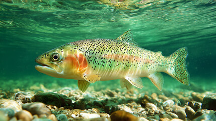 Vibrant Rainbow Trout Swimming Underwater in a Clear River with Rocky Bed