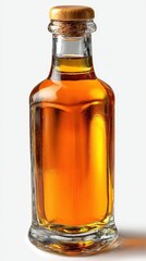 A clear glass bottle with a cork stopper contains a rich amber liquid. The bottle is shown against a white background.