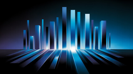 Abstract futuristic city skyline with glowing blue skyscrapers against a dark, dramatic background, symbolizing modern urban development and technological advancement