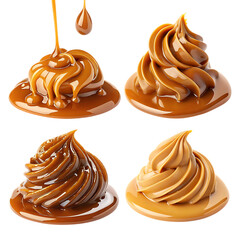Four swirls of creamy caramel and peanut butter isolated on transparent background