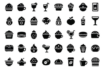 Fototapeta premium Collection of black icons representing various desserts, drinks, and food items, isolated on a
