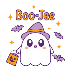 Adorable ghost with a witch hat and a pumpkin basket surrounded by bats and stars isolated on white background halloween illustration