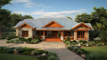Modern rustic house exterior with stone facade, wooden accents, and a corrugated metal roof, surrounded by a meticulously landscaped garden.