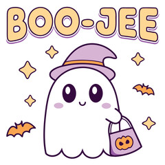 Charming ghost with a witch hat and a pumpkin basket surrounded by bats and stars isolated on white background halloween illustration