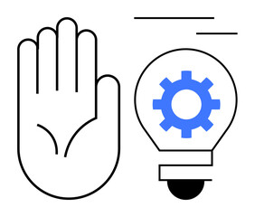 Open hand and gear-lightbulb conveying halt to ideas, processes, or innovation. Ideal for themes thumbs up decision-making, productivity, automation, problem-solving, teamwork, caution simple flat