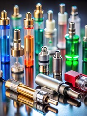 Colorful electronic cigarette components laid out on a light table for inspection and examination