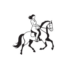 Black and white line art of a beautiful woman with perfect body riding horse elegant minimalist illustration