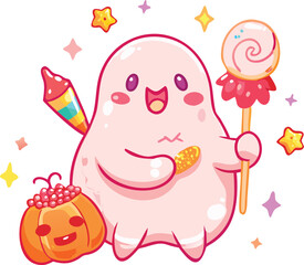 Cute ghost holding a lollipop and a firecracker with a pumpkin isolated on white background halloween illustration with a kawaii ghost