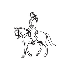 Black and white line art of a beautiful woman with perfect body riding horse elegant minimalist illustration