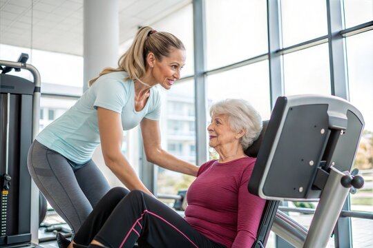 Female trainer helping senior woman exercising in gym