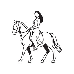 Black and white line art of a beautiful woman with perfect body riding horse elegant minimalist illustration