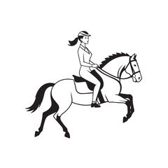 Black and white line art of a beautiful woman with perfect body riding horse elegant minimalist illustration