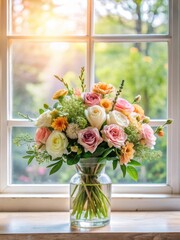 Delicate flower arrangement in a beautiful bouquet placed in front of a large window with natural light pouring in
