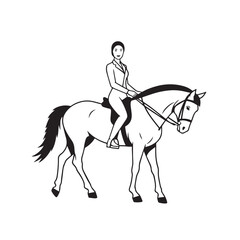 Black and white line art of a beautiful woman with perfect body riding horse elegant minimalist illustration