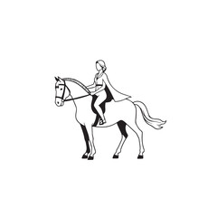 Black and white line art of a beautiful woman with perfect body riding horse elegant minimalist illustration