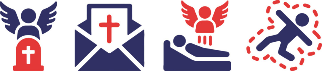 angel, tombstone, grave, death, afterlife, invitation, letter, cross, religion, christianity, sick, illness, bed, patient, falling, injury, icon, symbol, graphic, design, illustration, vector, red, bl