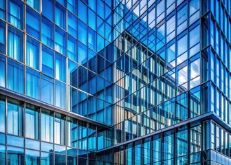 Modern glass building facade with blue windows in a urban landscape