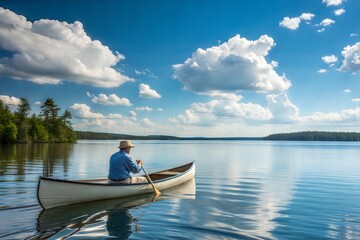 Senior man canoeing in a lake on a sunny day