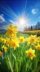 Vibrant yellow daffodil flowers blooming in a lush green field under the bright sun © chokdeelaw
