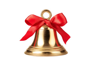 Golden bell adorned with a red ribbon, symbol of festivity isolated on white background
