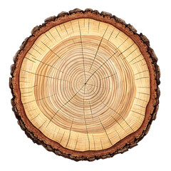 Cross section of a tree trunk with visible growth rings isolated on transparent background