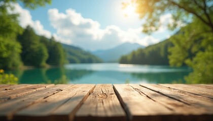 Empty wooden table top with blurred green forest and lake background. Sunny sky, natural landscape perfect for product display or advertising placement. Summer outdoor scene.