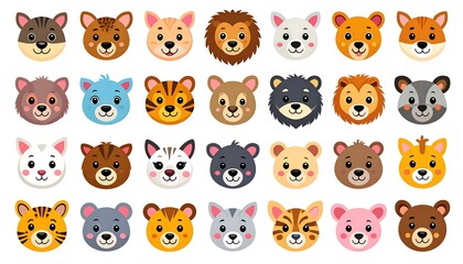 Cute animal faces in a grid.  Collection of cartoon animals