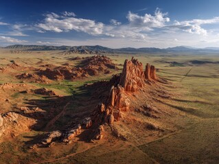 Panoramic bird's-eye view of Gobi Desert with huge dragon-shaped red rock formation in grassy landscape, distant mountains under natural lighting.