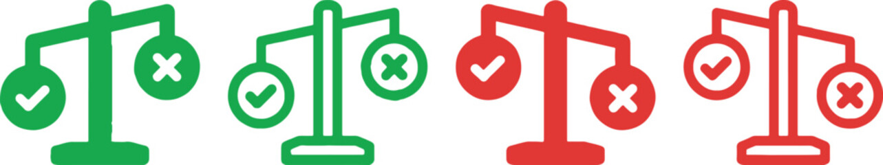 scales, justice, balance, law, decision, choice, right, wrong, checkmark, cross, tick, x, icon, symbol, graphic, design, illustration, vector, green, red, comparison, evaluation, judgment, legal, ethi
