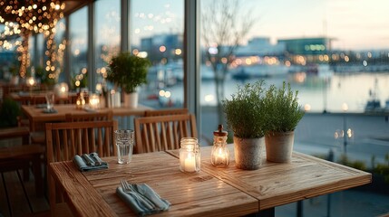 Warmly Lit Restaurant Table with City View at Twilight, Featuring Candles, Plants, Place Settings and Wooden Furnishings against Blurry Urban Evening Background