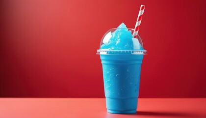 Refreshing blue slush drink in clear cup against vibrant red background. Striped straw inserted. Summer cool beverage. Fun ice texture. Frozen dessert drink. Refreshing cold treat on hot day.