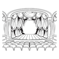 engraving vintage Line art theater stage seats arrangement curtain art vector 