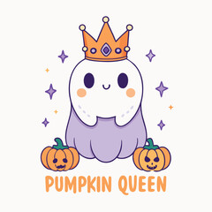 Cute ghost with pumpkin isolated on white background for halloween party as pumpkin queen, spooky and funny illustration for kids, vector design