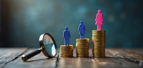 Concept photo illustrating gender pay gap. Figurines stand atop stacks of coins, woman on top, men below. Magnifying glass explores income disparity in business, finance, economics. Equality, wage